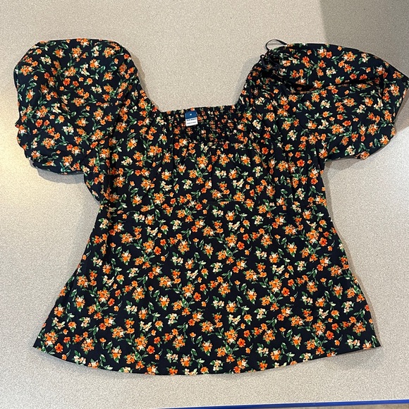 Old Navy Tops - Old Navy Floral Puff Sleeve Blouse - Black and Orange